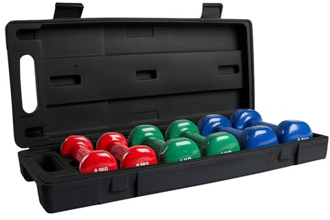 VirtuFit Vinyl Dumbbell Set mit Koffer - 3 Paar in Rot, Grün & Blau (0,5 kg, 1 kg, 1,5 kg) - Perfekt für Zumba, Aerobic & Body Toning - Rutschfeste Handgewichte mit Gusskern & Vinylbeschichtung