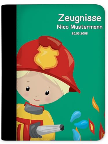 CreaDesign, Kinder Zeugnismappe personalisiert mit Namen, Zeugnis Mappe Feuerwehr Junge Petrol, DIN A4, 26,7 x 32,7 x 1 cm, Rücken schwarz