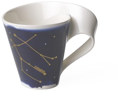 Villeroy und Boch - NewWave Stars Becher mit Henkel, formschöne Tasse mit Zwilling-Motiv, Premium Porzellan, spülmaschinengeeignet, weiß/blau, 300 ml