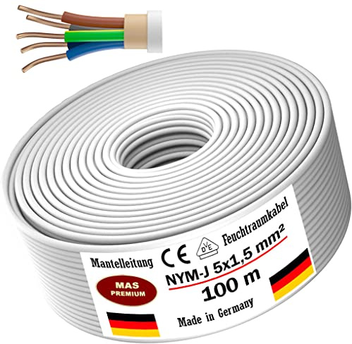 MAS Premium Feuchtraumkabel Stromkabel Von 5m bis 170m Mantelleitung NYM-J 5x1,5 mm² Elektrokabel Ring für feste Verlegung (100 m)