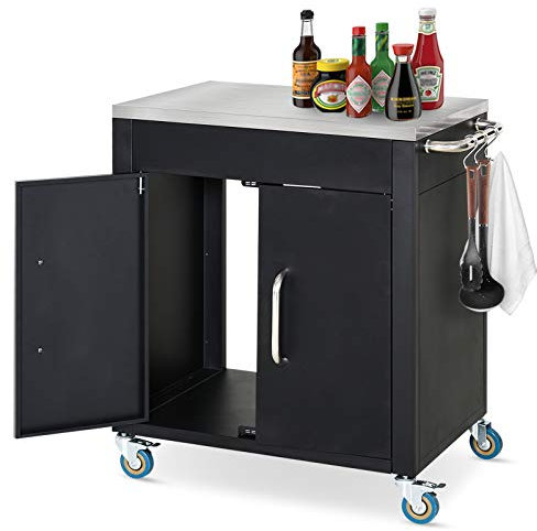 HOMCOM Küchenwagen mit Rollen, Servierwagen, Küchentrolley mit Schrank, Haken und Edelstahlgriffe, Rollwagen, Küchenhilfe, Schwarz, 86 x 50 x 86,5 cm