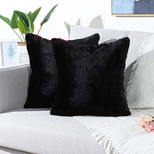 Mandioo 2er Set 40x40 cm Schwarz Faux Fur Flauschigen Kissenbezüge Moderne Künstlich Pelz Kissenhüllen Dekorative Sofakissen Dekokissen Weicher Zierkissenbezug für Wohnzimmer Sofa Schlafzimmer