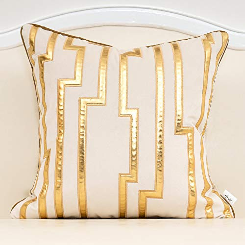 Alerfa Gold Leather Striped White Throw Pillow Cover 18x18 Inch, Geometric Luxury Decorative Embroidered Velvet Pillow Cover for Couch Living Room Bedroom