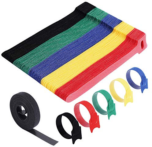 VoJoPi 100 Pcs Attache Cable, 15 cm Réutilisables Serre Cable, avec Rouleau Serre-câble de 3 m, Reglable Sangles Câbles à Crochet et Boucle, Organisateur Rangement Cable 5 Couleurs