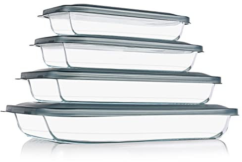 KOMUEE 8 Pieces Glass Baking Dish with Lids Rectangular Glass Baking Pan Bakeware Set with BPA Free Lids, Baking Pans for Lasagna, Leftovers, Cooking, Kitchen, Fridge-to-Oven, Gray