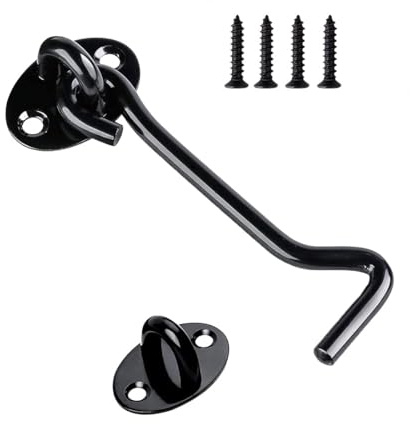 1PCS Stainless Steel Cabin Hook and Hook and Eye Latch, 4 Inch shed Door Latch Heavy Duty, gate Latch for Wooden Gates，Window Brace Gate Door Catch Silent Holder (Black)