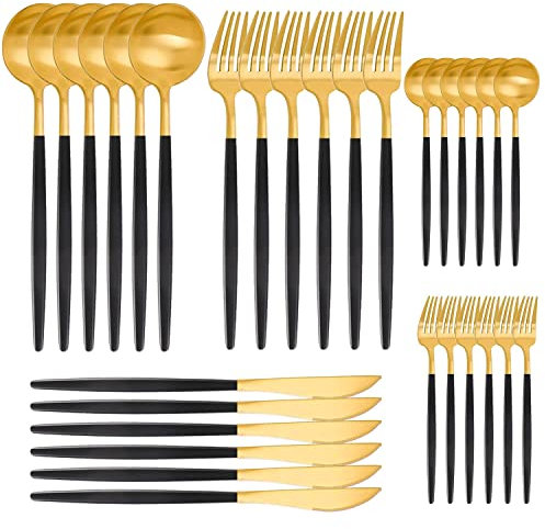 AIBAOBAO 30 teilig Besteckset für 6 Personen, Besteckset, Besteck aus Edelstahl mit Messer Gabel Löffel, Schwarzes Gold Besteck Set, Gabeln, Löffel, Kuchengabeln, Tee-/ Kaffeelöffel Essbesteck