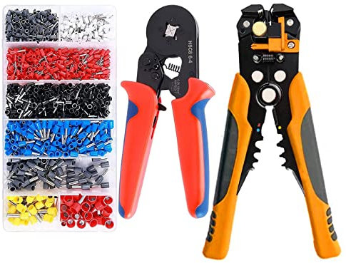 QeeHeng Kit d'outils de sertissage de virole, kit d'outils de dénudage de fil, outil de sertissage à cliquet réglable,outil de sertissage de virole avec connecteurs à sertir de bornes de fil 1200PCS