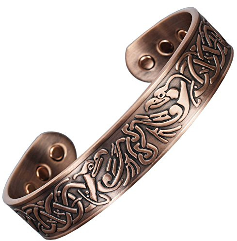 XL Mens Wide Copper Magnetic Bracelet Viking Pure Copper Wristband 6 Neodymium Magnets, Adjustable- Viking Eagle -VE (XL: Wrist 22–24cm/8.6–9.5”)