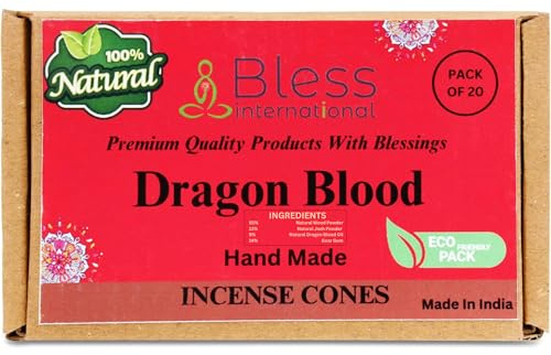 Bless-International Dragon Blood Incense-Cones Handmade-Hand-Dipped Organic-Chemicals-Free for-Purification-Relaxation-Positivity-Yoga-Meditation The-Best-scents (20 Count)
