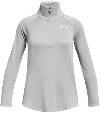Under Armour Tech Graphic 1/2 Zip Camiseta de manga larga para niña de corte suelto, camiseta con cremallera media para entrenar o jugar al fútbol, color gris claro jaspeado/plateado metálico