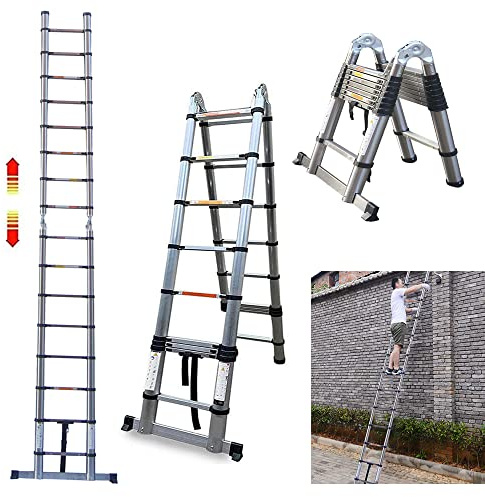 EN131 Telescoping Ladder Multi-Purpose Stainless Steel 2.5M+2.5M A Frame Foldable Ladder,16 Steps Collapsible Extendable Ladder Retractable Safety Loft Ladder,150 kg Capacity