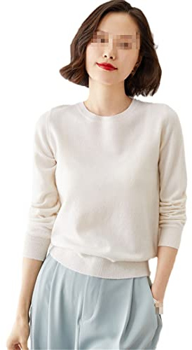 Damtröja rund hals kashmir solid pullovers smal botten långärmad vardaglig baströja, Vitt, L