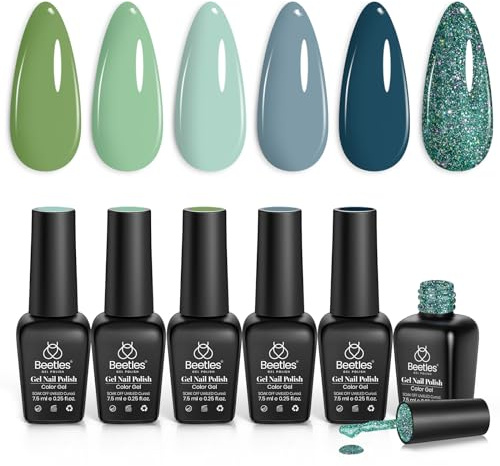 Beetles Gel-Nagellack, 6 Sommerfarben Graugrün Glitzer UV Gel Polish Nagelkunst Soak-Off UV-LED-Maniküre-Geschenkset Ocean Mist Collection Nagelgel-Set Geschenke für Frauen und Mädchen
