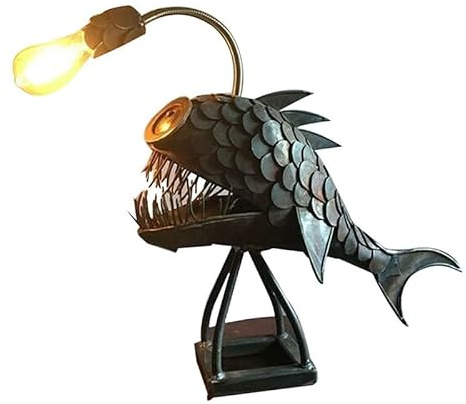 Asiasioc fisklampa sportfiskare fisklampa USB uppladdningsbar skrivbord metall ljus handgjord hantverk hem vardagsrum dekoration (15 x 22 cm)