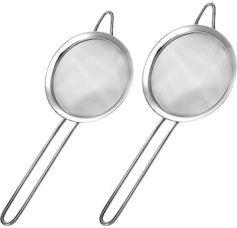Harewu Paquete de 2 coladores de malla fina, pequeños tamices de acero inoxidable con asas, para remojar té de hojas sueltas, colar cóctel, jugo y tamizar harina, azúcar en polvo