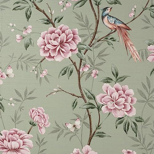 Akina Floral Sage Green Luxury Fabric Effect Wallpaper - Flowers Birds Leaves - Modern Contemporary Textured Vinyl