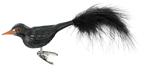 Christbaumschmuck Vogel Amsel mit Federn auf Clip 10,5cm mundgeblasenes Glas handbemalt - Glasfigur Dekovogel auf Klammer Schwarz - Weihnachtskugeln - Vögel Deko & Weihnachtsbaumschmuck