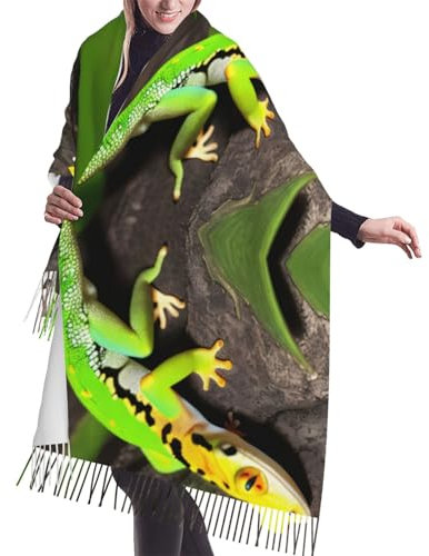 Grüner Geckos Strickschal mit Fransen, warmer Schal, Damenschal, stilvolles und gemütliches Accessoire für modische Frauen, Grüne Geckos, One size