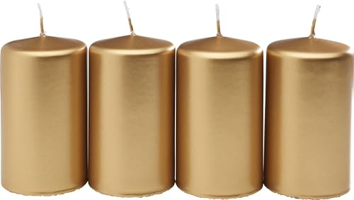 Wenzel Stumpenkerze Metallic Ø 6 x 10 cm 4 Stk Paraffin Kerze Made in Germany Weihnachten Dekoration Tischdeko Gold