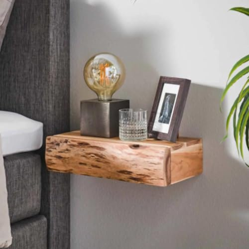 RINGO-Living Massivholz Nachttisch mit Ablage & Schublade, 400mm, Schwebend Stauraum Nachtschrank Industrial Style