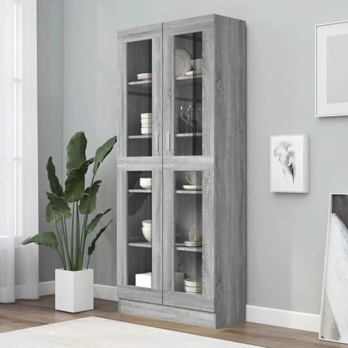 Gecheer Vitrinenschrank Bücherschrank mit 5 Fächern und 2 Türen Hochschrank Aktenschrank Vitrine Schrank für Wohnzimmer Küche Esszimmer Büro, Grau Sonoma 82,5x30,5x185,5 cm Holzwerkstoff