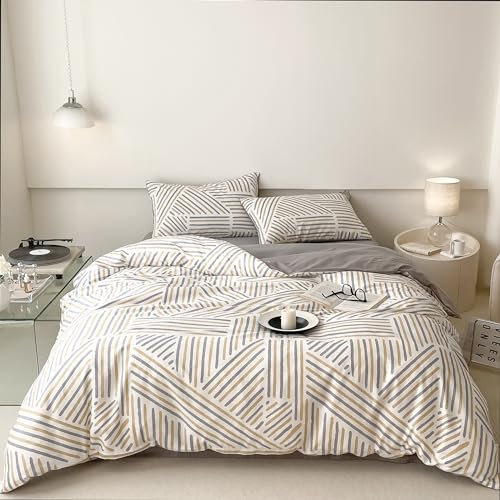GETIYA Herren Damen Bettwäsche 200x220 Baumwolle Geometrische Bettwäsche Gestreift Streifen Muster Bettbezug Doppelbett Weiß Grau Wendebettwäsche mit 2 Reißverschluss Kissenbezug 80x80