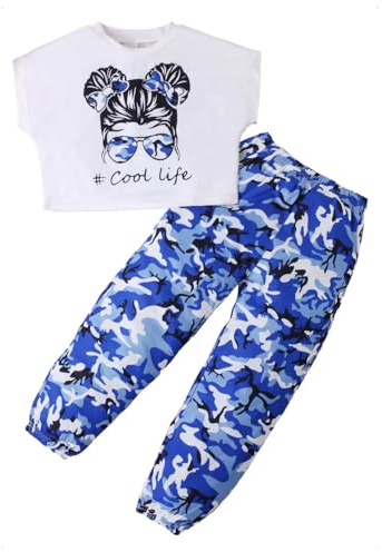 KONFEN Conjunto Ropa Niña 2 Piezas, Hip Hop Crop Top Manga Corta + Pantalones Camuflaje con Bolsillo, Top e Pantalones Jogger Deportivo Ropa Street Dance Verano Otoño para Niña 6 a 7 Años, Azul