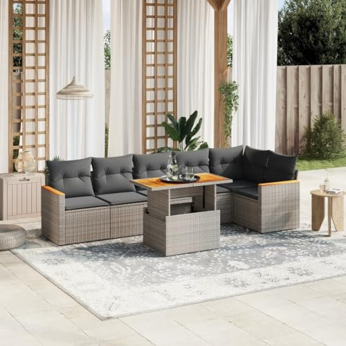 THOYTOUI 7-TLG. Garten-Sofagarnitur, Gartengarnitur Set Terassenmöbel außen Terrassen möbel Set Garten loungemöbel Set Geeignet für Veranda Balkon Garten Terrasse mit Kissen Grau Poly Rattan
