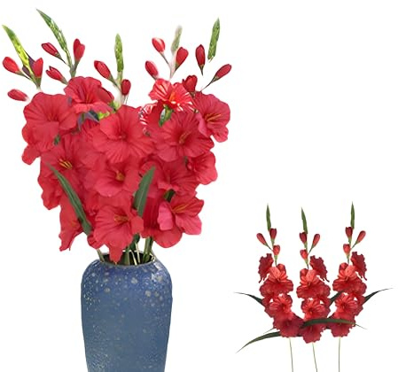 pistro Künstliche Pflanzen und Blumen, Hochzeitsblume, Gladiolen-Blumenstiel, 2 Blätter, 7 Gladiolen und 3 Knospen, Rot, 80 cm