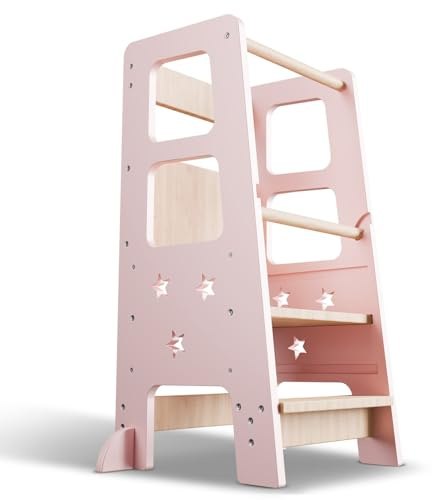 Juskys torre didattica Henny - per bambini da 1 anno, torre Montessoriana, tripla regolazione in altezza, sistema antiribaltamento, sgabello da cucina - rosa