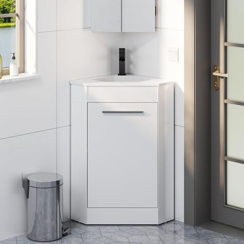 eclife 26 Corner Bathroom Vanity Sink Combo for Small Space Freestanding Storage Cabinet with White Resin Sink and Matte Black Faucet, White