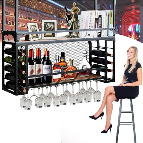 Estante colgante industrial para el hogar, bar y cocina, 65 x 30 x 50 cm, soporte para botellas de vino con soporte de hierro para colgar copas de vino, color negro.