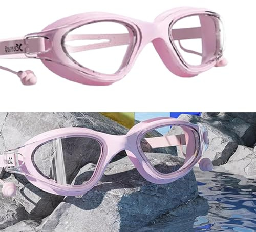 Wenyue Hippodance Occhiali da Nuoto,anti nebbia 100%,Protezione UV,anti UV occhiali da immersione,Con tappi per le orecchie impermeabili,per Donne, Uomini, Adulti, Adolescenti e Bambino（rosa）