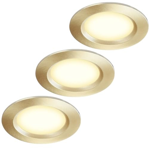 HCFEI 3er Set Möbel Einbauleuchte 12V ultra flach 3W LED-Einbaustrahler 55mm Lochausschnitt mit 2M Kabel IP44 Deckenspot für Wohnmobil Wohnwagen (Gold 4000K)