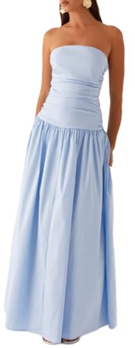 Edhomenn Women Summer Elegant Strapless Maxi Dress Sleeveless Backless A Line Flowy Swing Long Sundress (Blue, L)