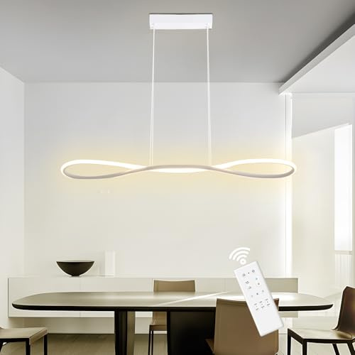LXJCSM Lámpara Colgante LED Moderna, Lámpara de Cocina de 90cm con Regulador de Intensidad, Lámpara Colgante de Altura Ajustable para Salón, Led Techo de Diseño Lineal de 32W (Blanca)
