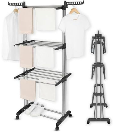 AIBULO 3-Tier Clothes Drying Rack Black – Foldable Adjustable Airer with Side Wings | Heavy Duty Indoor Outdoor Laundry Hanger Stand | Portable Clothes Horse