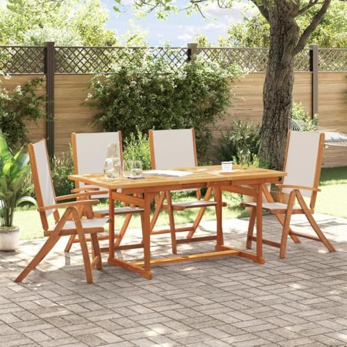 Emmtore 5-TLG. Garten-Essgruppe Massivholz Akazie und Textilene Gartenmöbel Set Tisch, Sitzgruppe für Garten Terrasse, Gartengarnitur Klappstuhl Grau Rechteckig