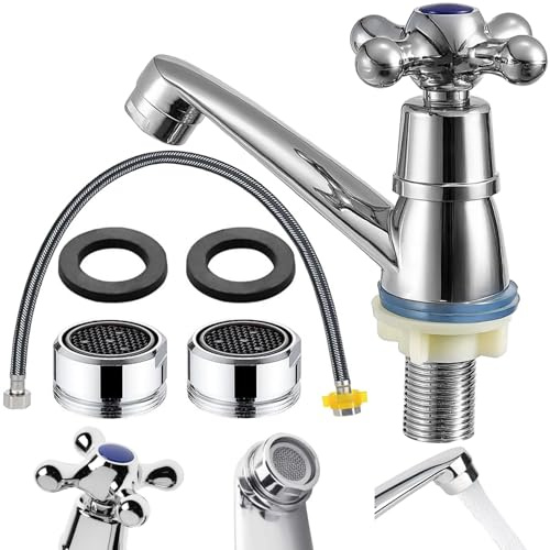 Kaltwasserhahn, Wasserhahn kaltwasser, Überzug Wasserhahn Bad Kaltwasser mit Filter und Doppelkopfrohr Kaltwasser Armaturen für Küchenspülen, Badspülen, etc (silbrig)