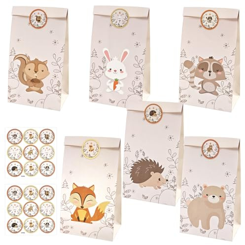 12 Stück Waldtiere Papiertüten Kindergeburtstag - Tierische Geschenkverpackung mit 18 Aufklebern, Kraftpapiertüten für Baby Shower, Goodie Bags & Kinderparty (22x12x8cm)