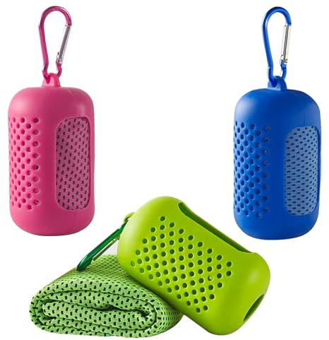 3 toallas refrescantes de fibra de poliéster, azul oscuro + rosa + verde fluorescente, secado rápido, absorción del sudor, con fundas de silicona portátiles, para deportes al aire libre