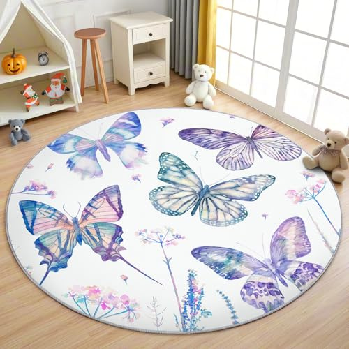 AevuCub Lila Schmetterling Teppich Rund 150cm Kinderzimmer - Waschbare Teppiche Wohnzimmer Mädchen - Runder Teppich 200 cm Durchmesser Kinderzimmer - Bettvorleger Schlafzimmer rutschfest Weich