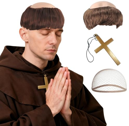 Feithmonic München Man Peruk, Halv Bald Latexperuk, Halsband med kors och nät Hår, Medeltida Monaco Vuxen Kostym för Halloween Cosplay Party, Kort Ljusbrunt Hår, 3 st