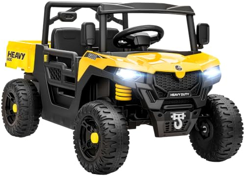 AIYAPLAY 12V Electric Ride on for Kids Car with Dump Bed Ages 3-8 Yellow | 35W Battery Powered Electric UTV Vehicle, 4-Wheel Suspension, Remote Control, Music, Horn
