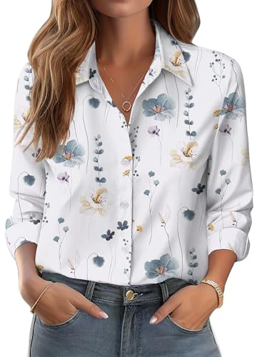 Zeagoo Camicia Donna Lunga Elegante Blusa Manica con Motivo Floreale Collo Alto Button-Down Senza Stiro Primaverile Estiva Business Camicia per DonnaBianco Floreale XL
