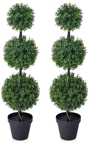 VeriNatural Artificial Boxwood 3-Ball Outdoor Topiary Trees - 90cm Tall Fake Plants in Pots - UV Resistant Large Decor Green Plastic Faux Plant for Garden Indoor Outdoor Front Door Porch,VN241,2Pcs | UV-resistant PE foliage in a 6in black pot, single tree for front doors, patios, hallways and garden entrances