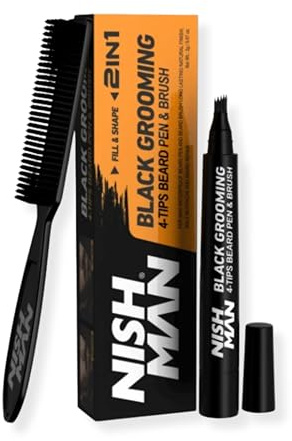 NISHMAN 2-in-1 Grooming Beard Pen & Brush – Black – 4-Tip Precision Beard Filler for Men – Natural Beard & Hairline Definition – Smudge-Free, Long-Lasting Formula for a Clean, Sharp Look