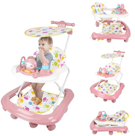Homewell 2 in1 Faltbarer Lauflernhilfe mit Sonnenschutz und Schiebegriff, Höhenverstellbar in 5 Positionen, Laufhilfe mit Musik & Spielboard, Babywalker, Kinder 6–24 Monate (Rosa)