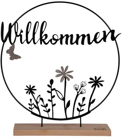 UNUS Aufsteller Willkommensschild, Bambus und Metall, Schwarz | Stilvolle Ganzjahresdeko für Eingangsbereich & Zuhause